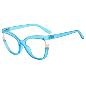 Vintage Cat Eye Pearl Blue Light Blocking Glasses Flat Top Frame Unisex Prescription Glasses Multiple Colors Available - Transparent Blue Frame White Flat