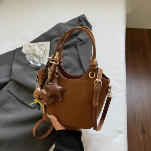 Simple Leopard Print Women's Winter Crossbody Bag Vintage Handbag Small Bucket Shape Leather Bag - Brown with Pendant